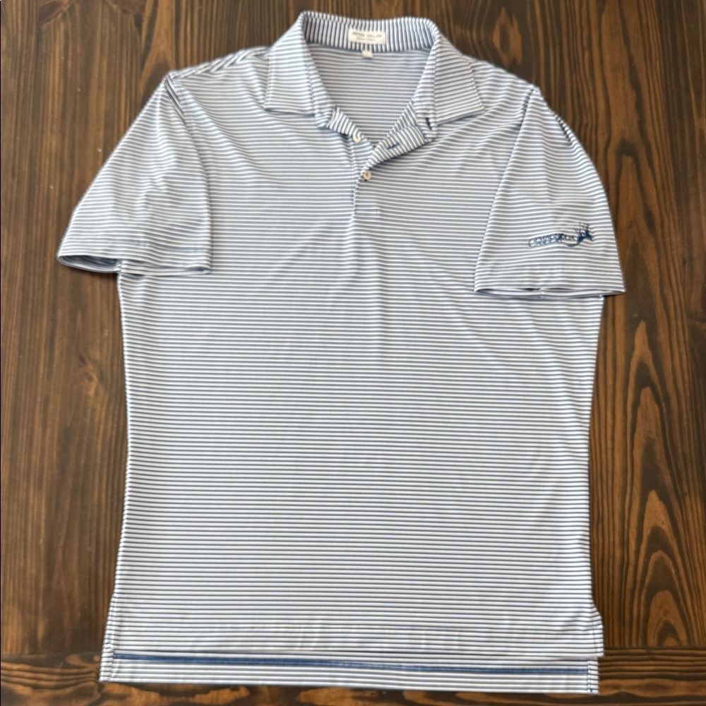 Peter Millar Striped Blue and White Golf Polo Shirt Magnolia Creek Logo